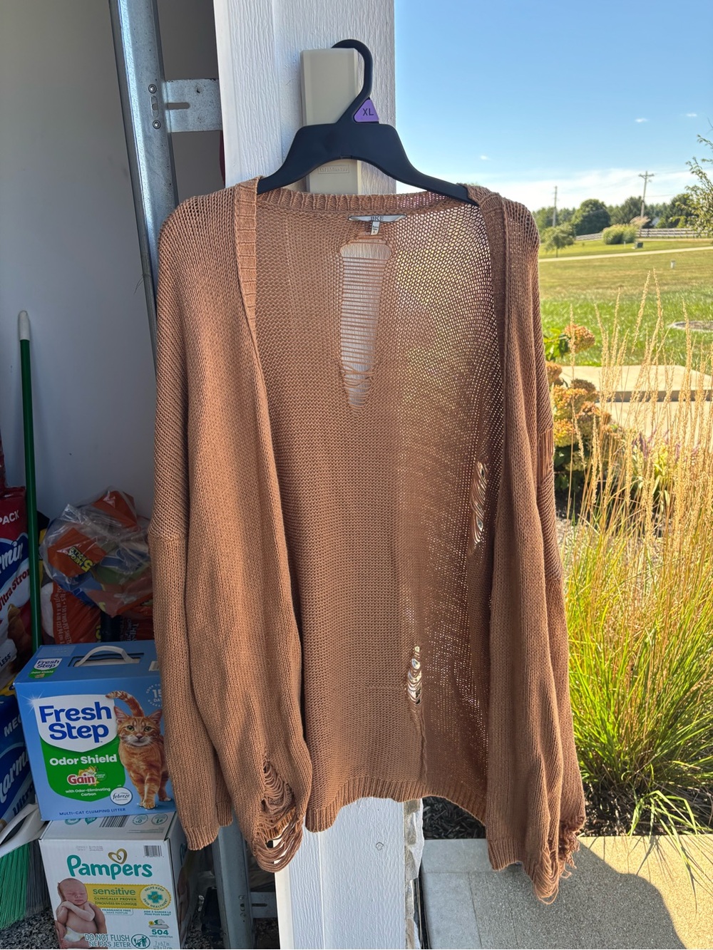 BKE Distressed Open-Front Women's Sweater Cardigan - Tan
